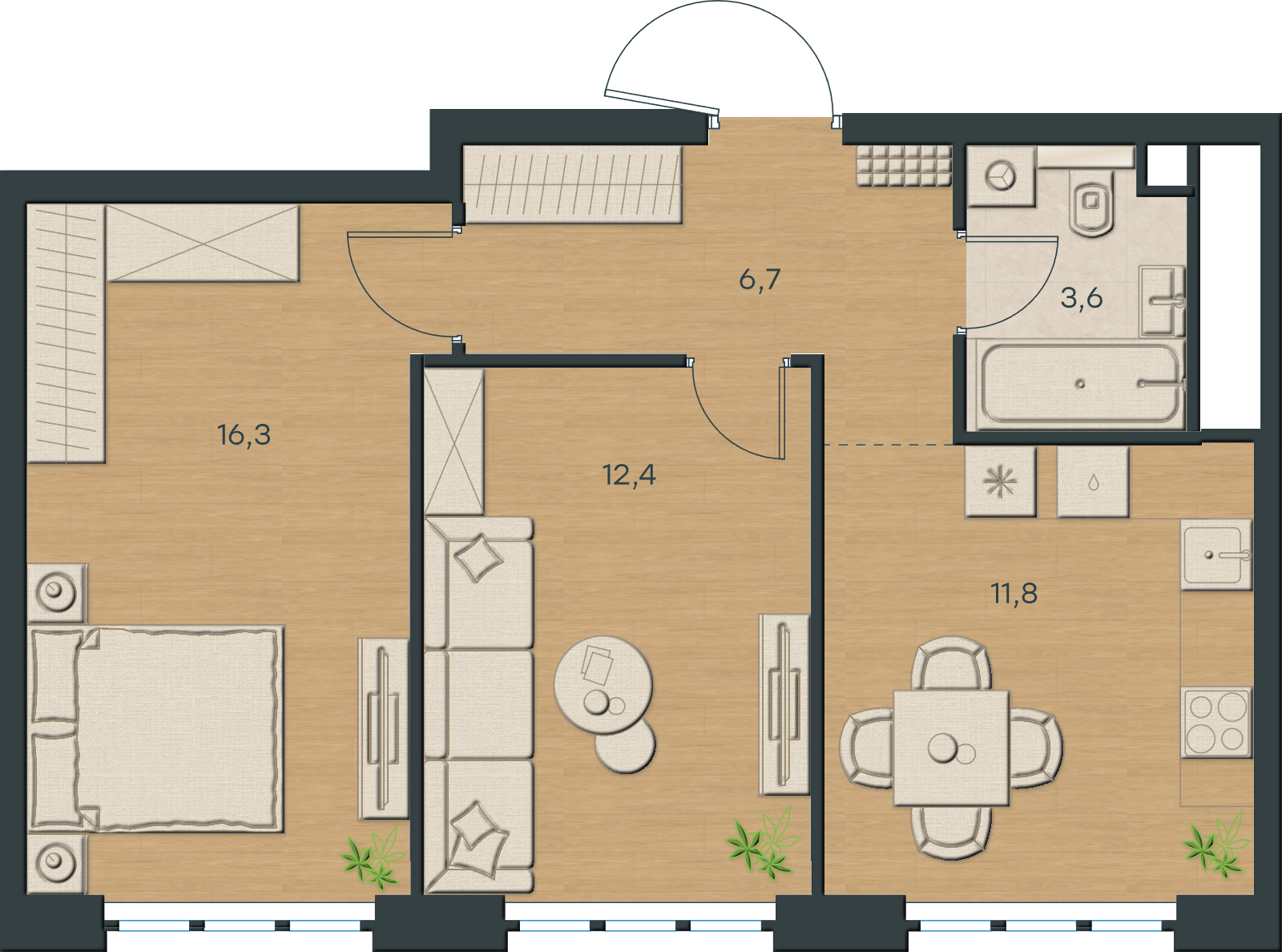 AI-иллюстрация 50,8 м². Материалы и меблировка показаны условно; официальный чертёж — в 2D.