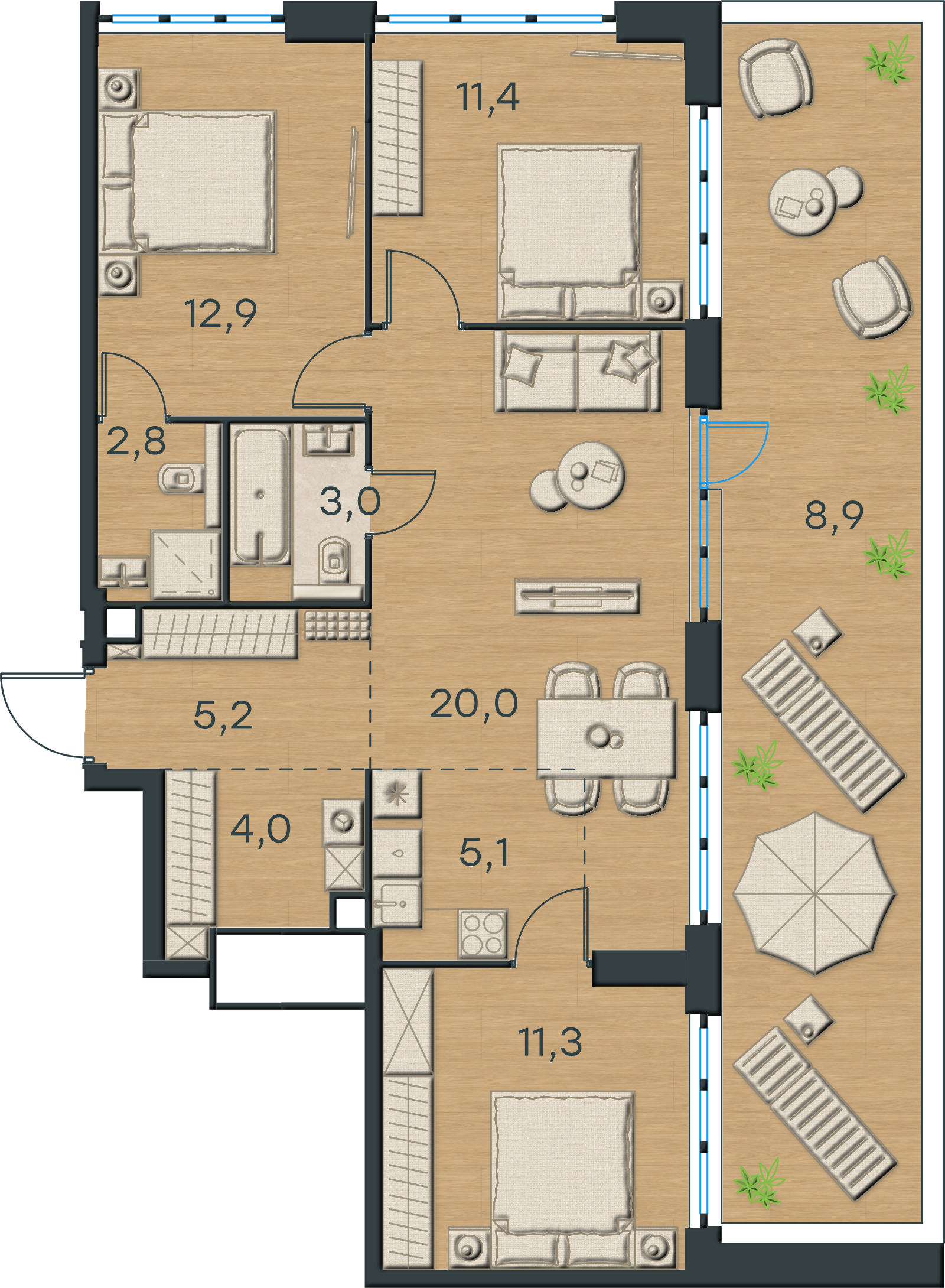 AI-иллюстрация 84,6 м². Материалы и меблировка показаны условно; официальный чертёж — в 2D.