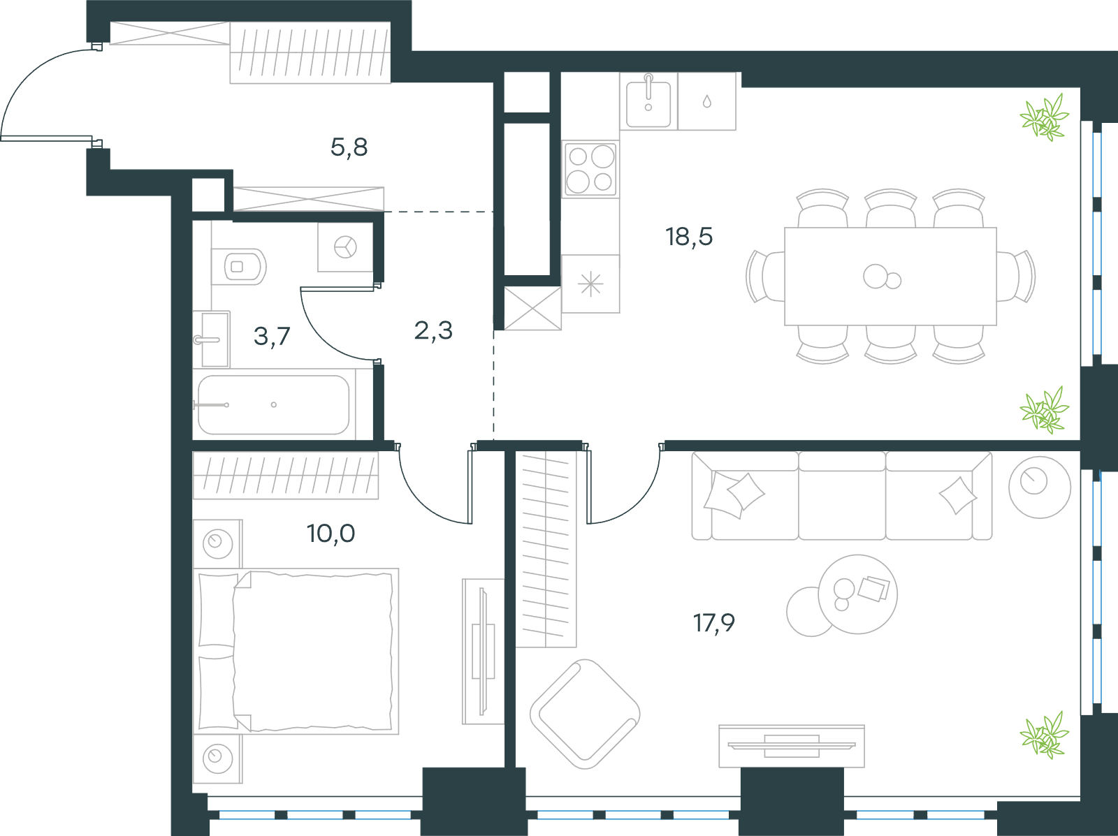 Официальная схема Левел Южнопортовая, 58,2 м²