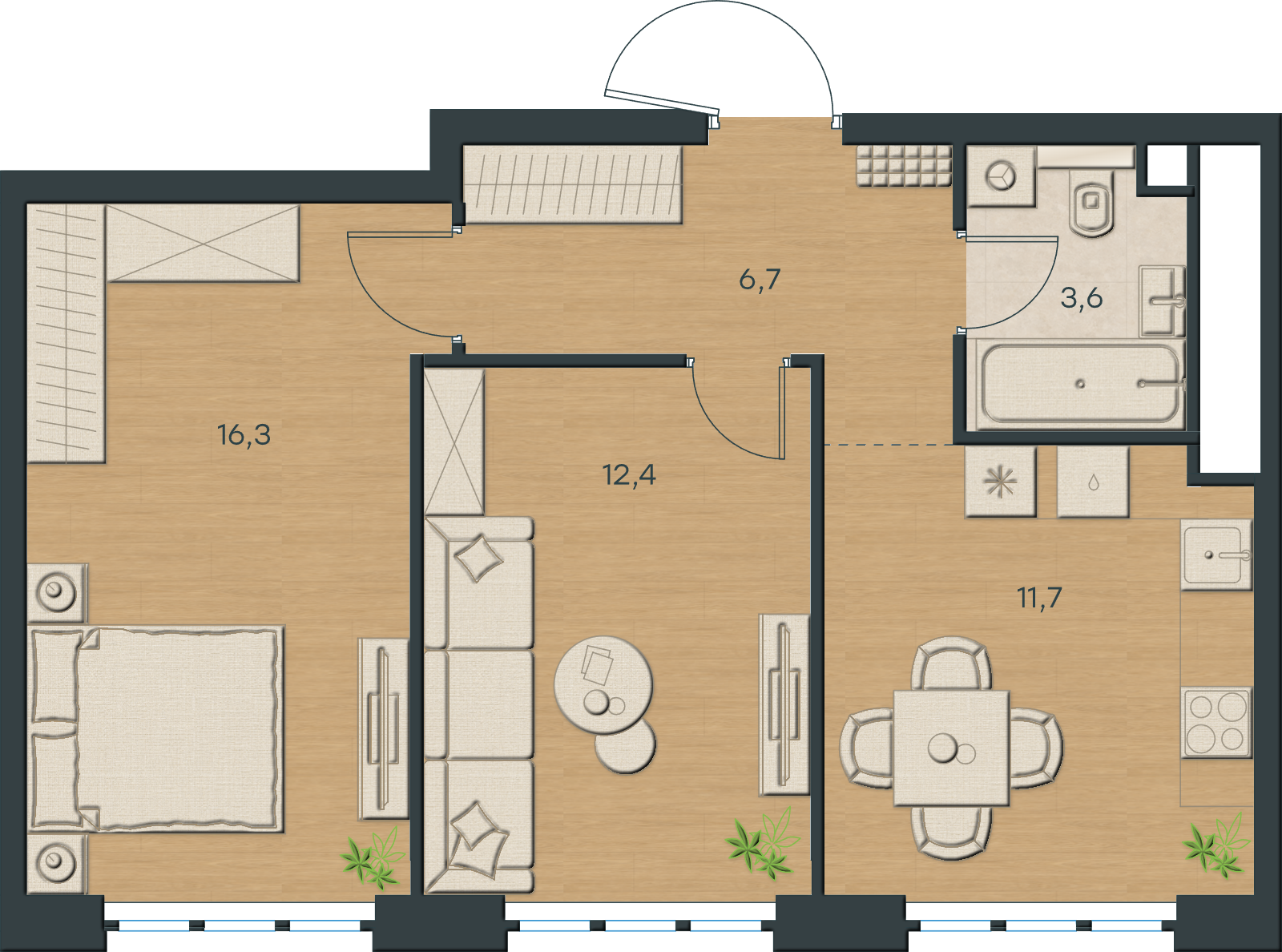 AI-иллюстрация 50,7 м². Материалы и меблировка показаны условно; официальный чертёж — в 2D.