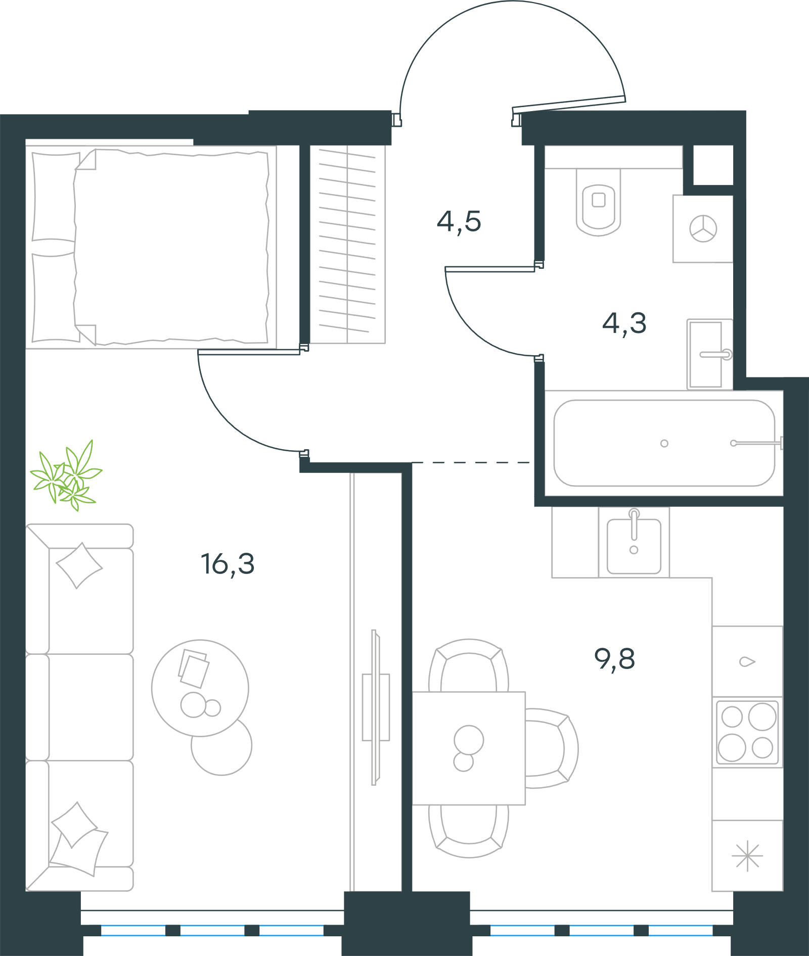 Официальная схема Левел Южнопортовая, 34,9 м²
