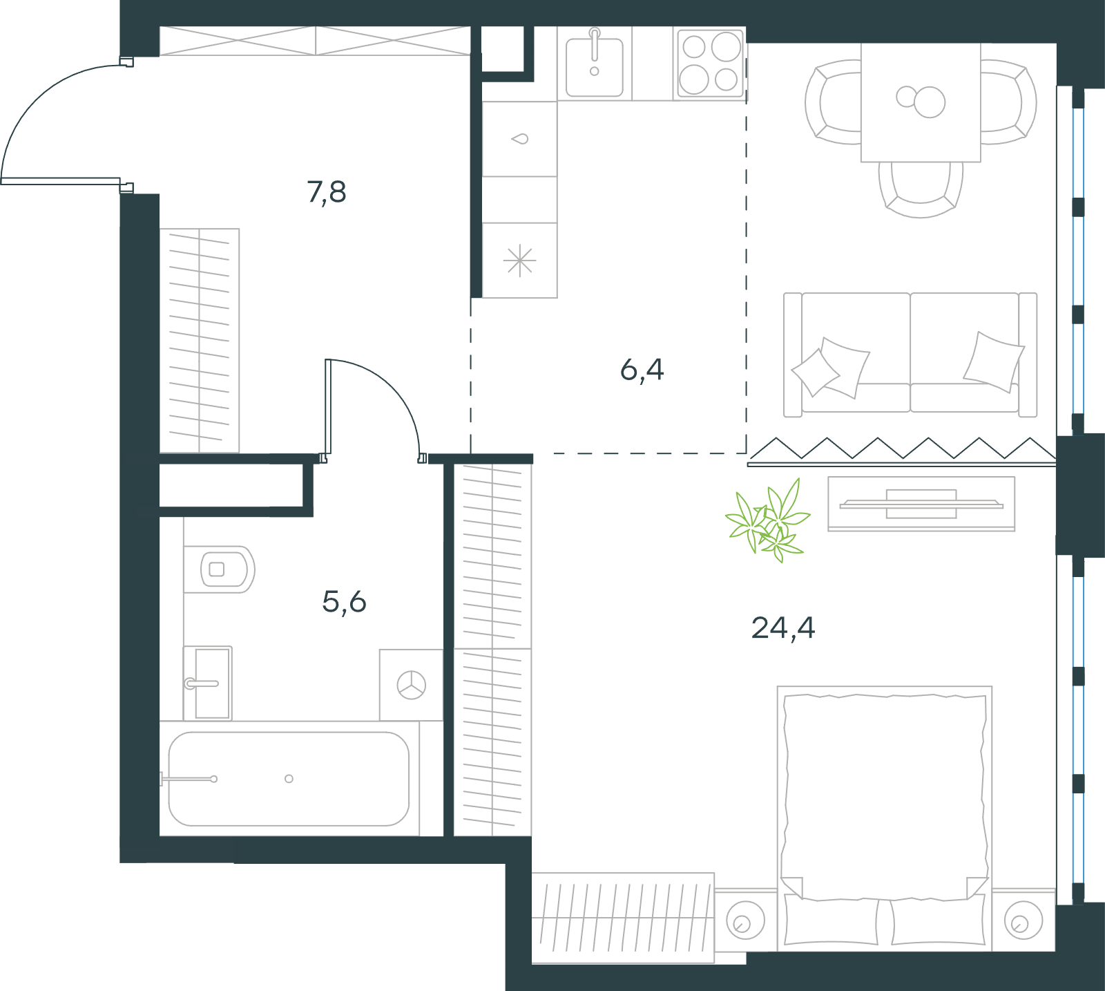Официальная схема Левел Южнопортовая, 44,2 м²