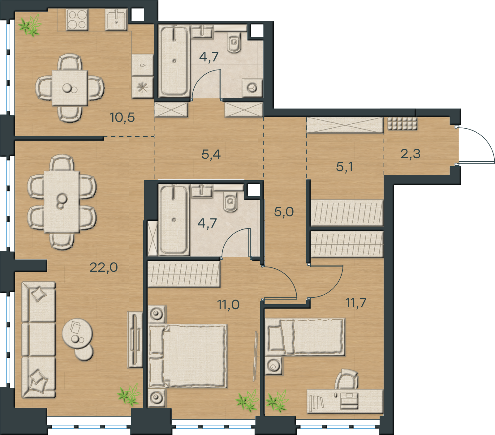AI-иллюстрация 82,4 м². Материалы и меблировка показаны условно; официальный чертёж — в 2D.