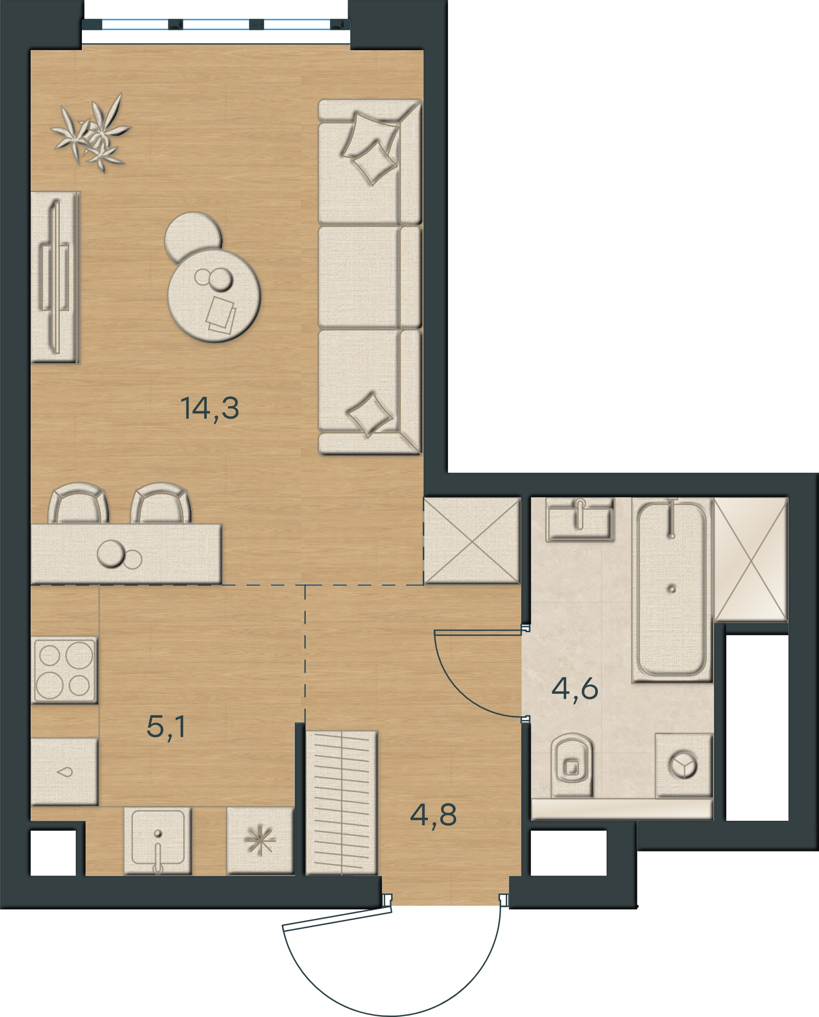 AI-иллюстрация 28,8 м². Материалы и меблировка показаны условно; официальный чертёж — в 2D.