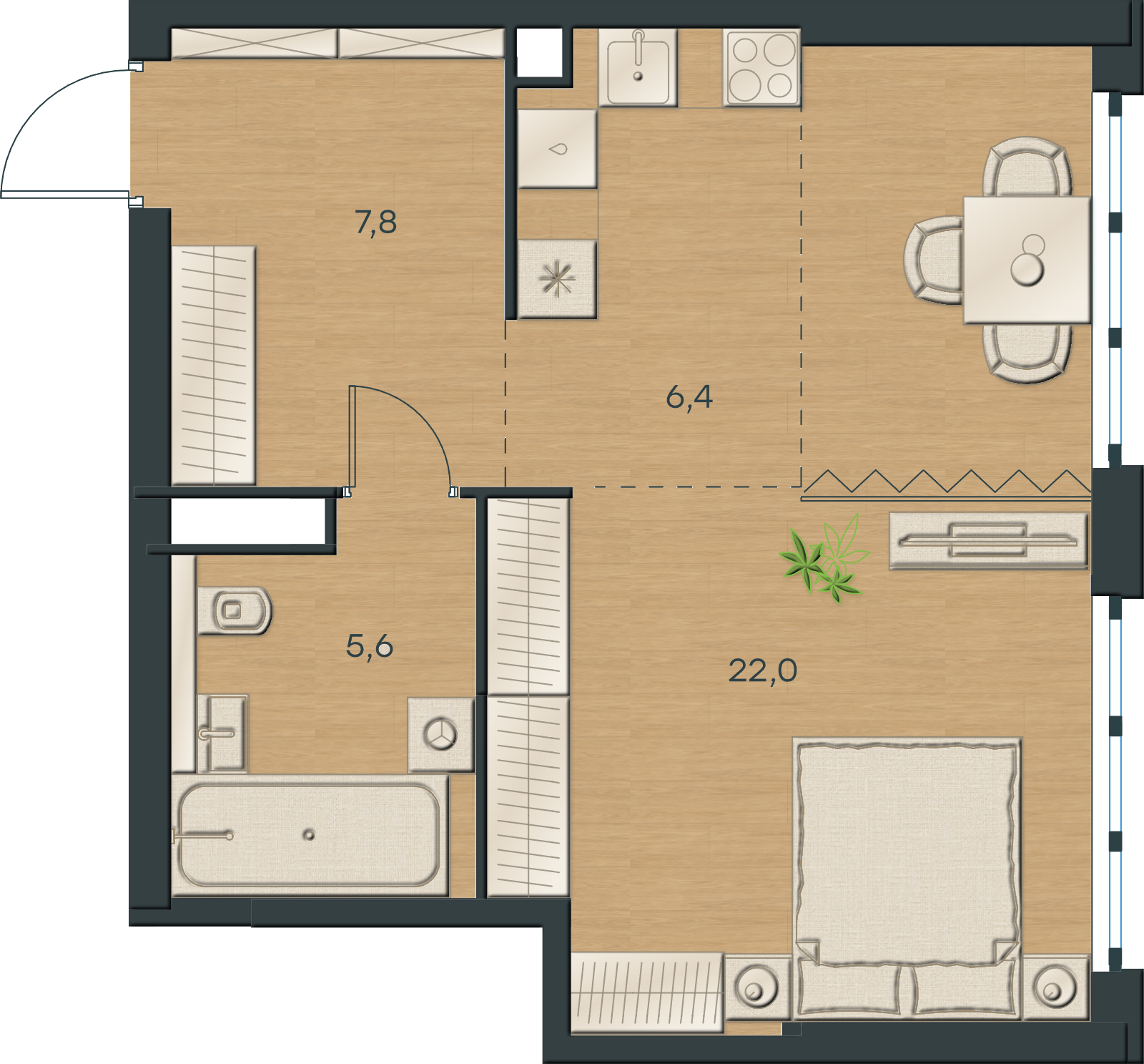 AI-иллюстрация 41,8 м². Материалы и меблировка показаны условно; официальный чертёж — в 2D.