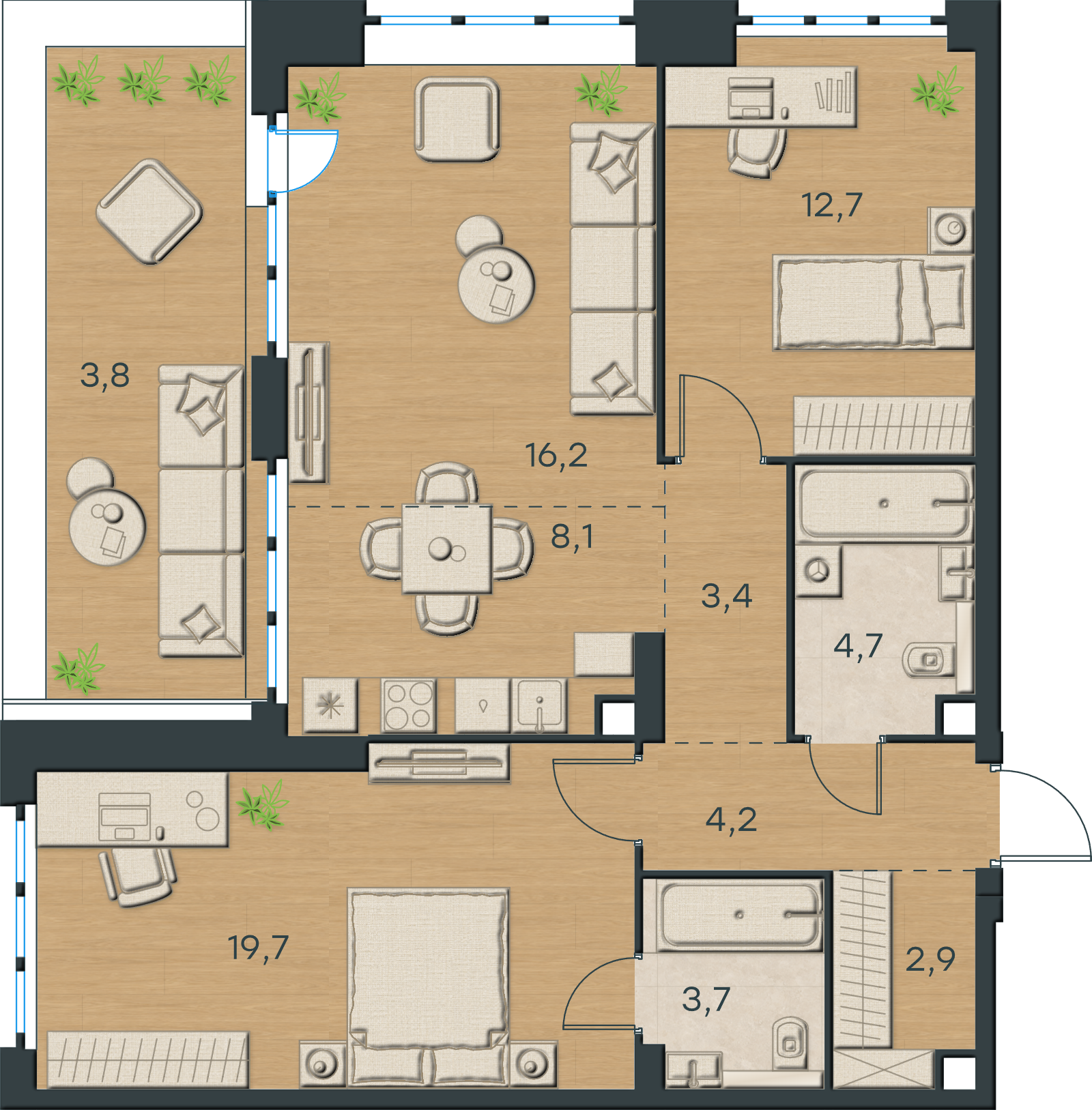 AI-иллюстрация 79,4 м². Материалы и меблировка показаны условно; официальный чертёж — в 2D.