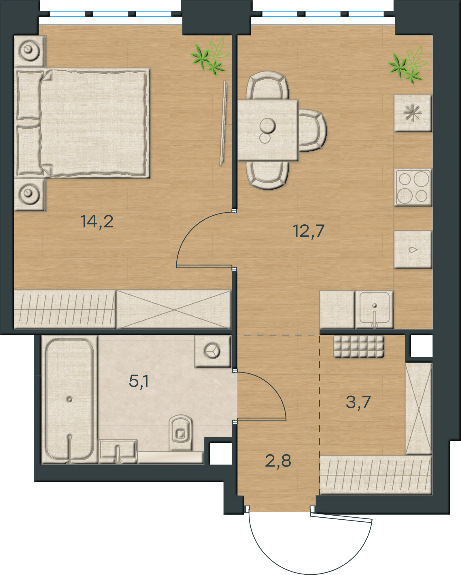 AI-иллюстрация 38,5 м². Материалы и меблировка показаны условно; официальный чертёж — в 2D.