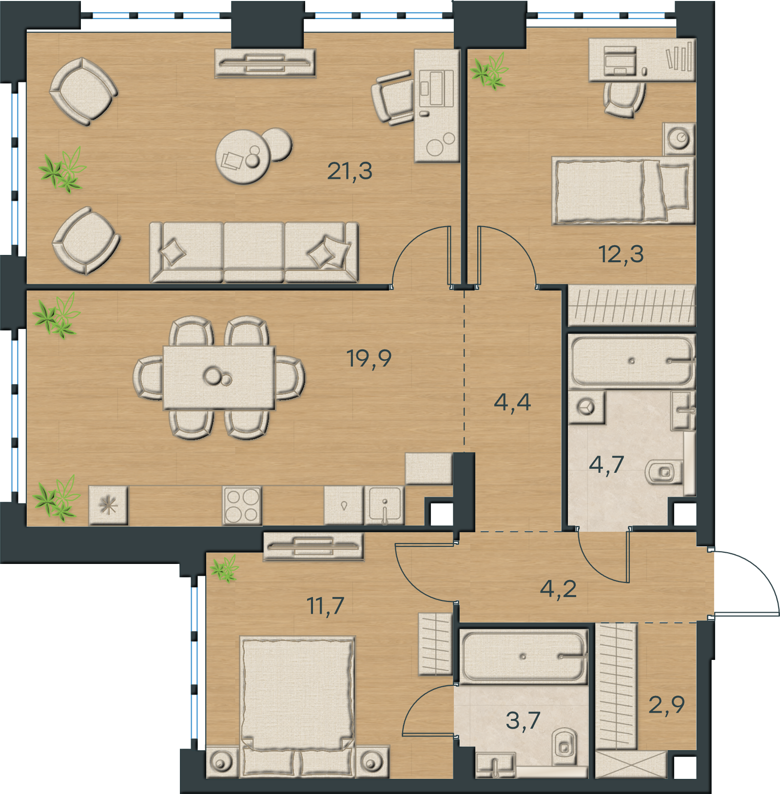 AI-иллюстрация 85,1 м². Материалы и меблировка показаны условно; официальный чертёж — в 2D.