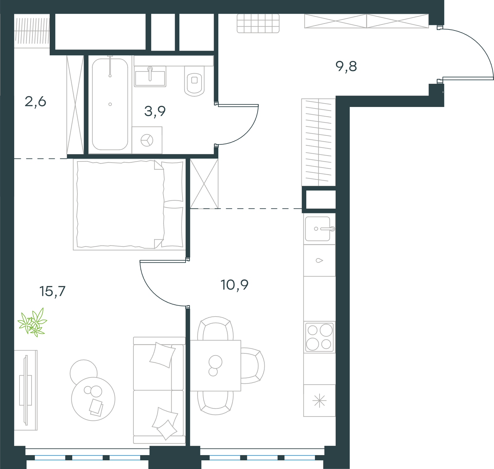 Официальная схема Левел Южнопортовая, 42,9 м²