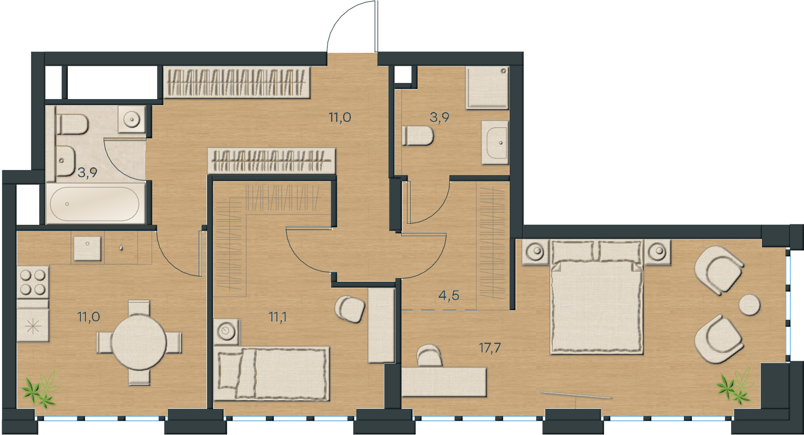 AI-иллюстрация 63,4 м². Материалы и меблировка показаны условно; официальный чертёж — в 2D.