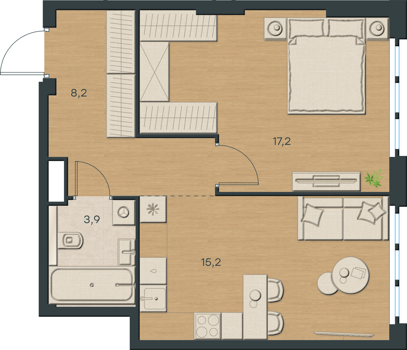 AI-иллюстрация 44,5 м². Материалы и меблировка показаны условно; официальный чертёж — в 2D.