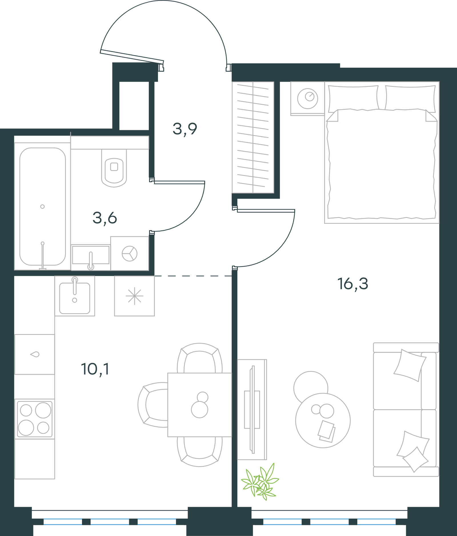 Официальная схема Левел Южнопортовая, 33,9 м²