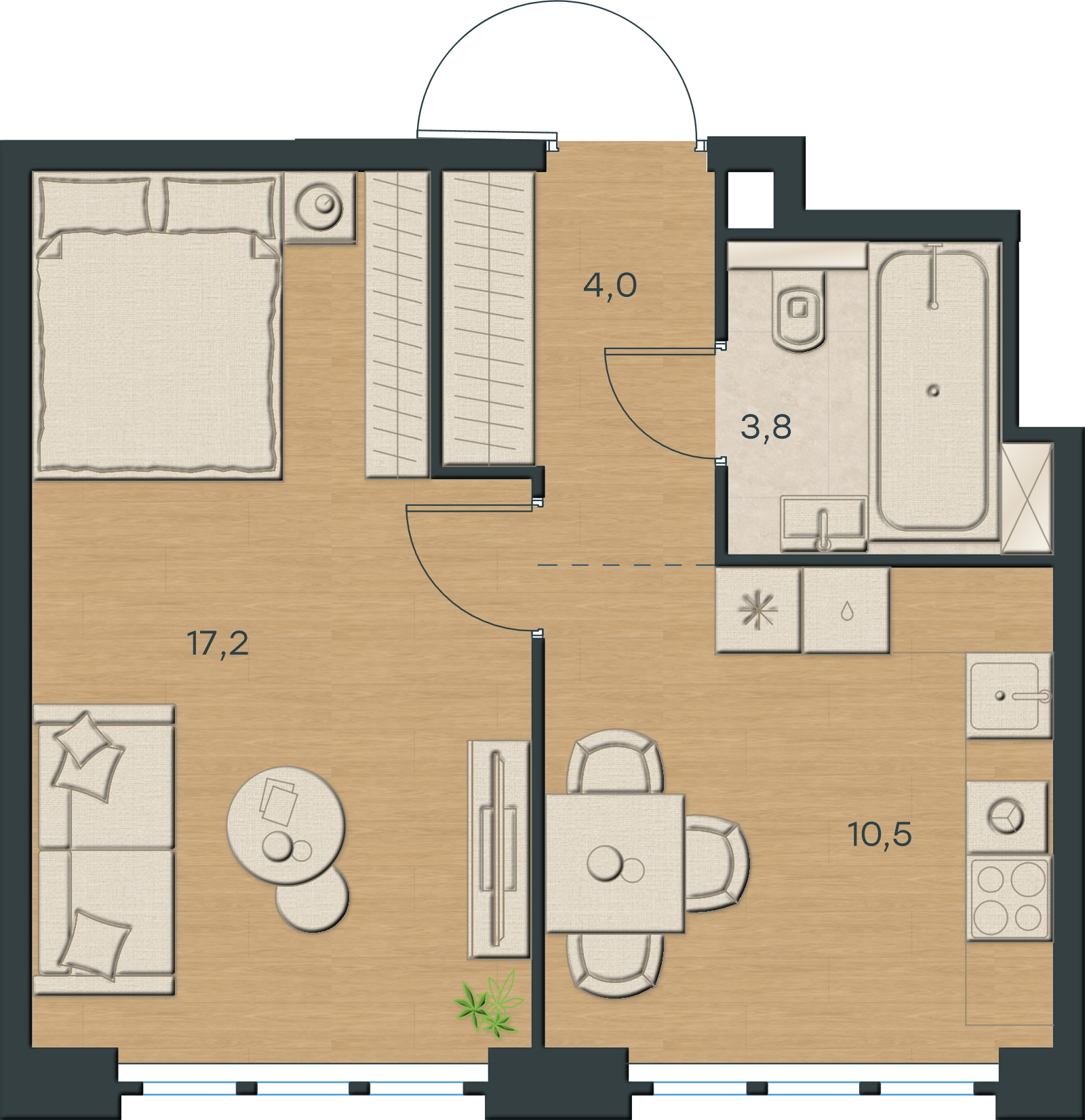AI-иллюстрация 35,5 м². Материалы и меблировка показаны условно; официальный чертёж — в 2D.