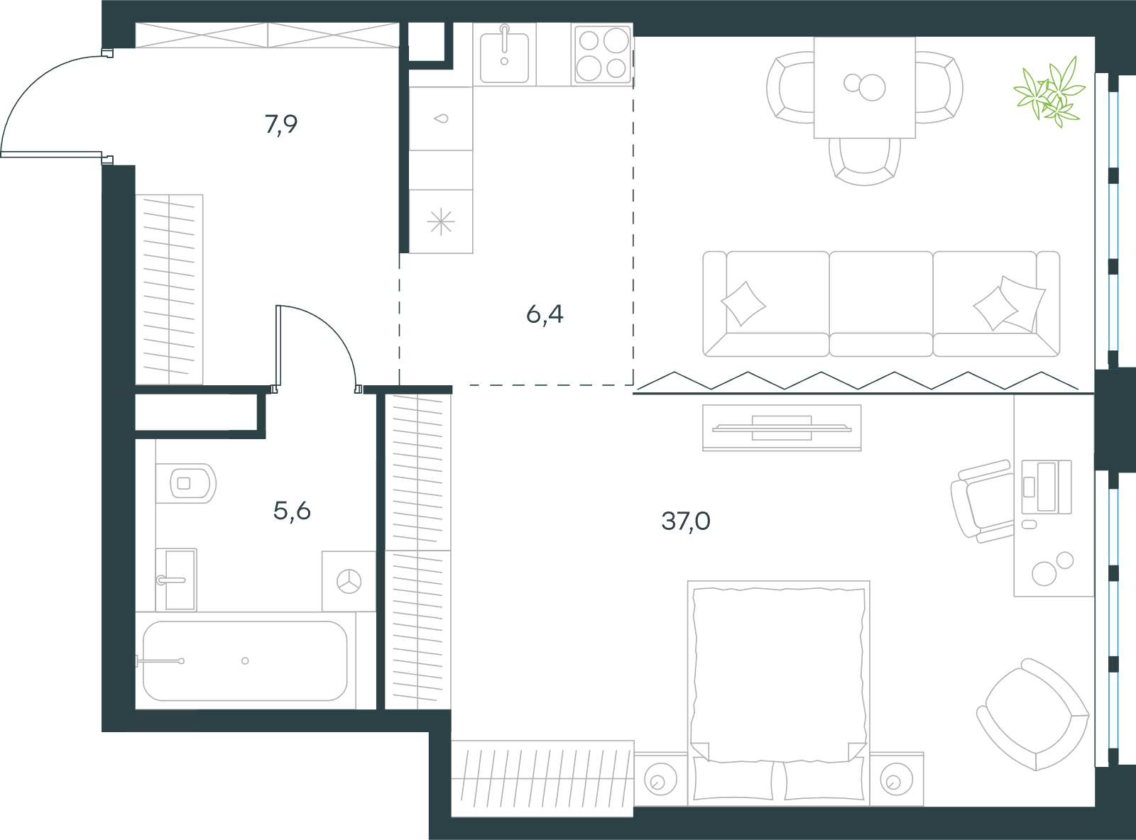 Официальная схема Левел Южнопортовая, 56,9 м²