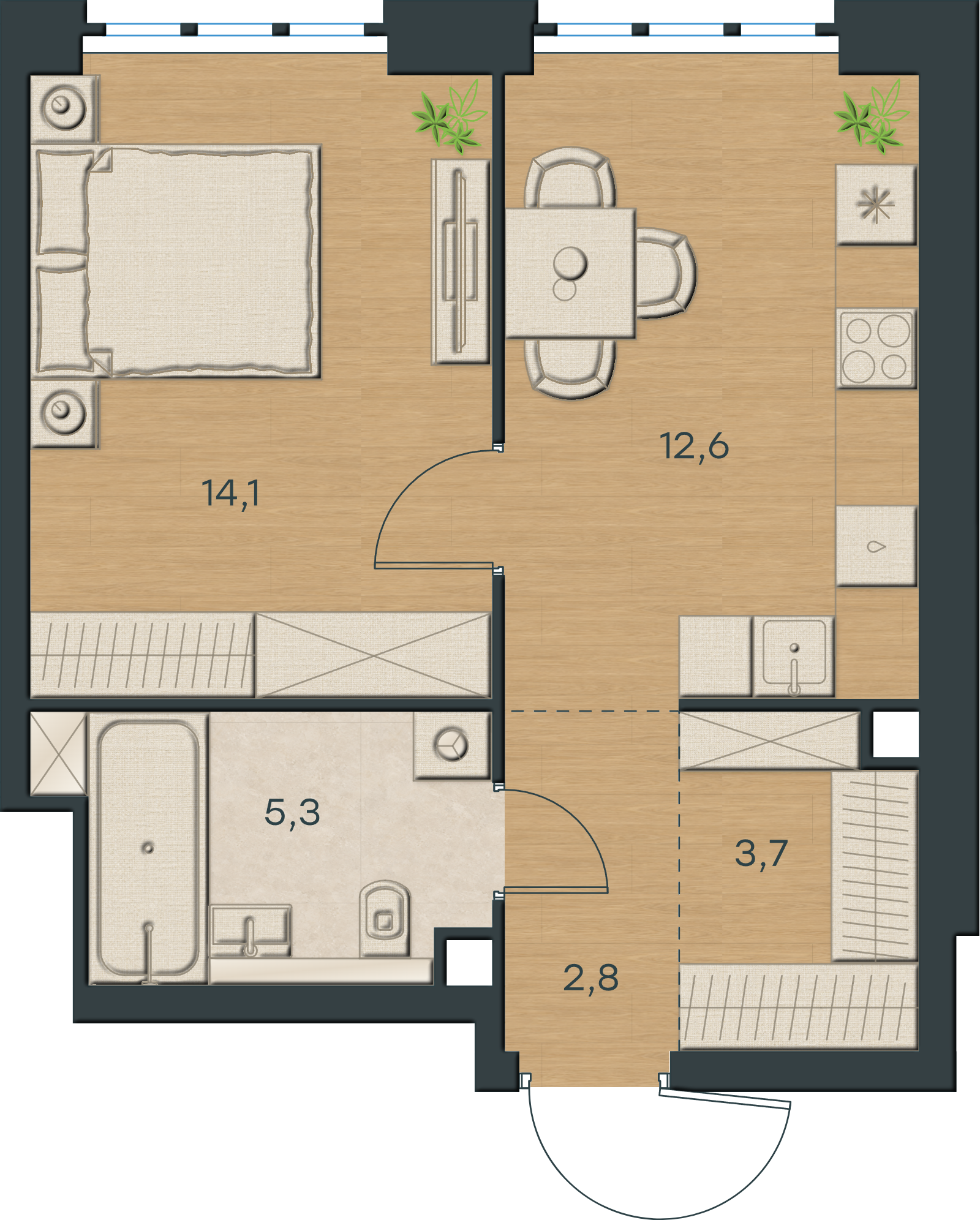 AI-иллюстрация 38,5 м². Материалы и меблировка показаны условно; официальный чертёж — в 2D.