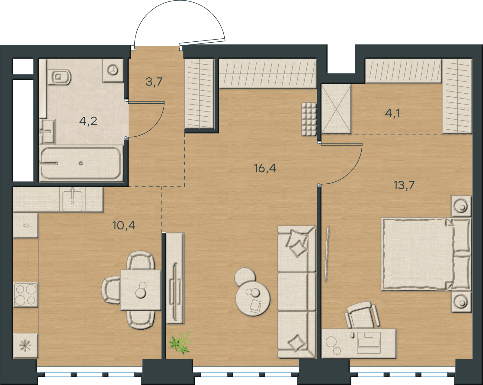 AI-иллюстрация 52,5 м². Материалы и меблировка показаны условно; официальный чертёж — в 2D.