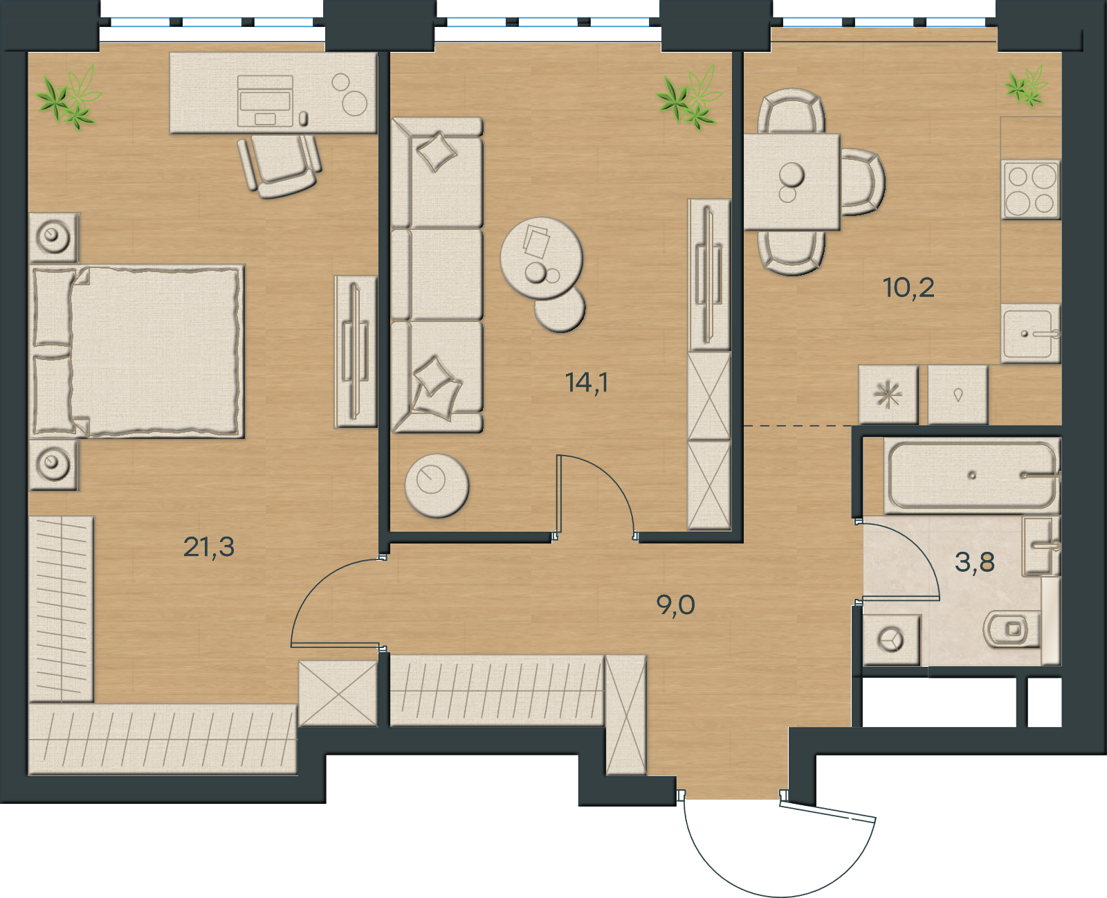 AI-иллюстрация 58,4 м². Материалы и меблировка показаны условно; официальный чертёж — в 2D.