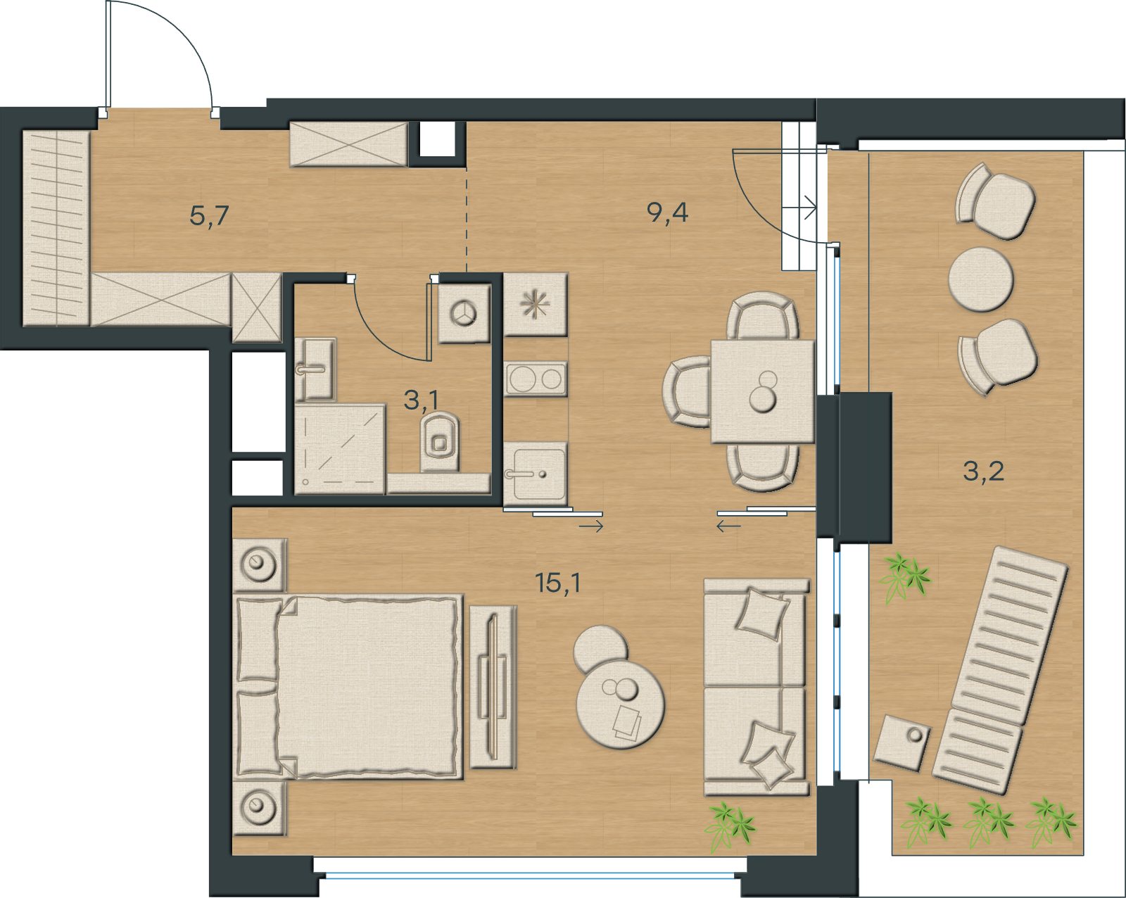 AI-иллюстрация 36,5 м². Материалы и меблировка показаны условно; официальный чертёж — в 2D.