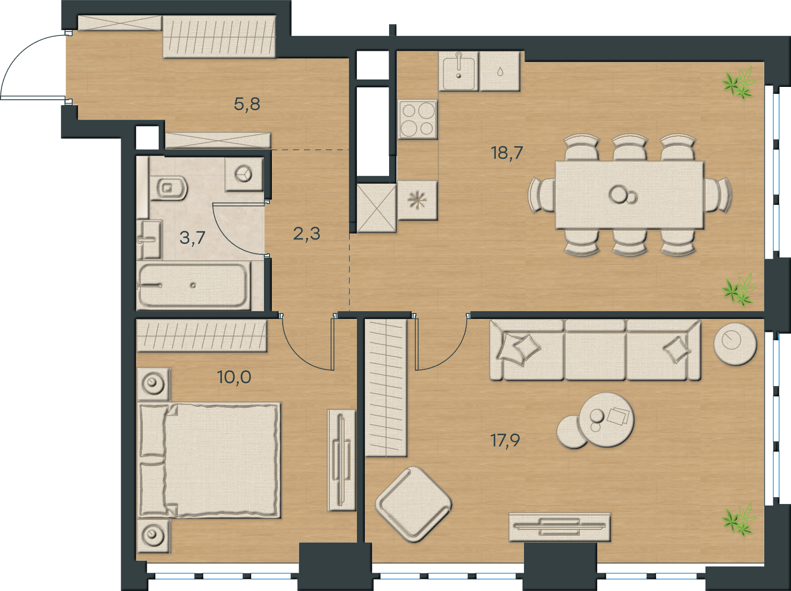 AI-иллюстрация 58,4 м². Материалы и меблировка показаны условно; официальный чертёж — в 2D.