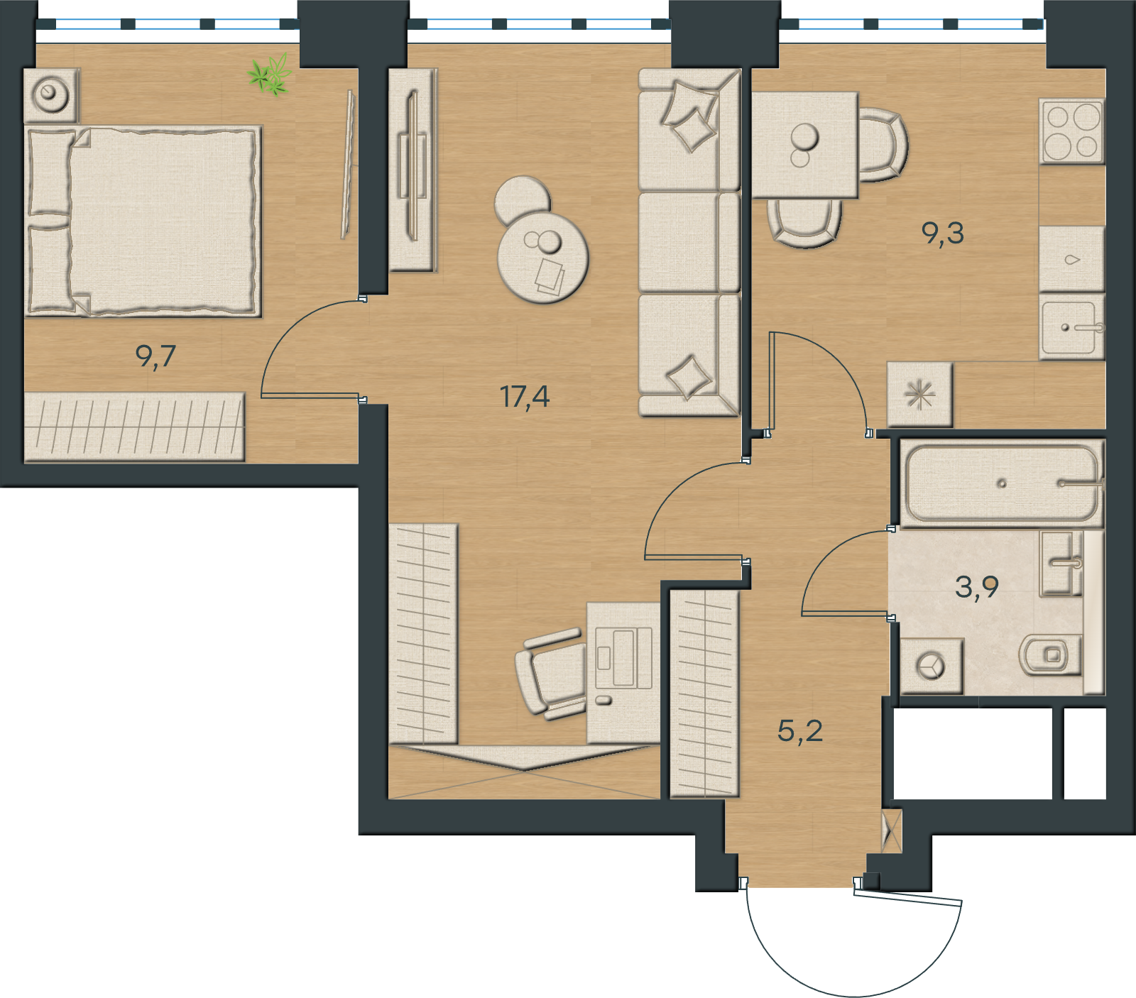 AI-иллюстрация 45,5 м². Материалы и меблировка показаны условно; официальный чертёж — в 2D.