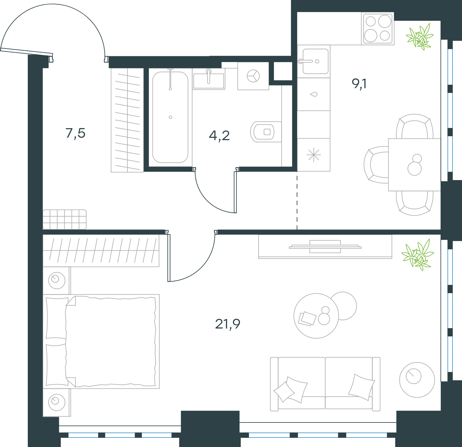 Официальная схема Левел Южнопортовая, 42,7 м²