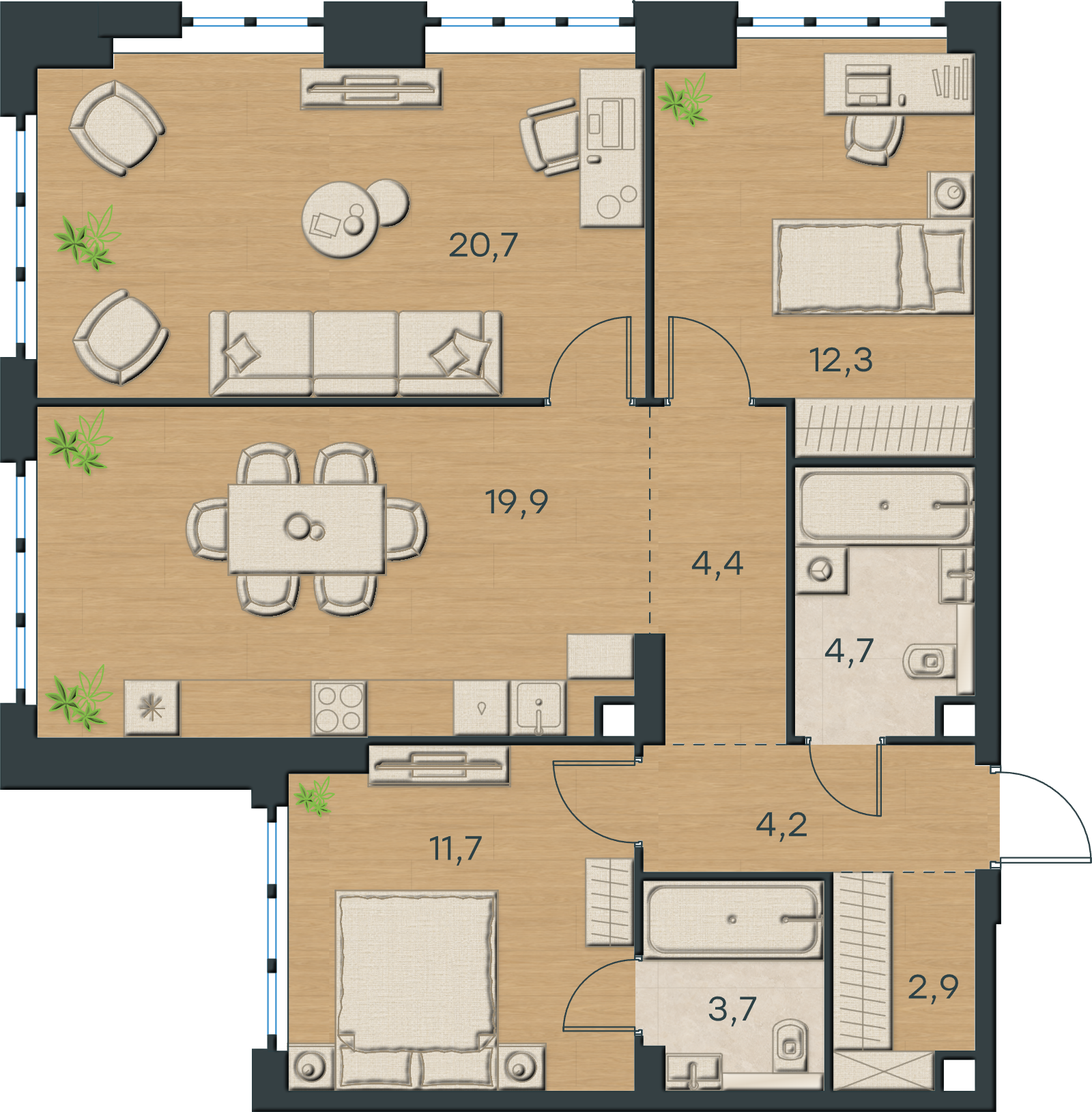 AI-иллюстрация 84,5 м². Материалы и меблировка показаны условно; официальный чертёж — в 2D.