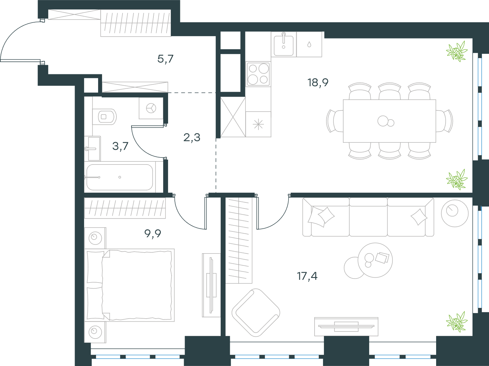 Официальная схема Левел Южнопортовая, 57,9 м²