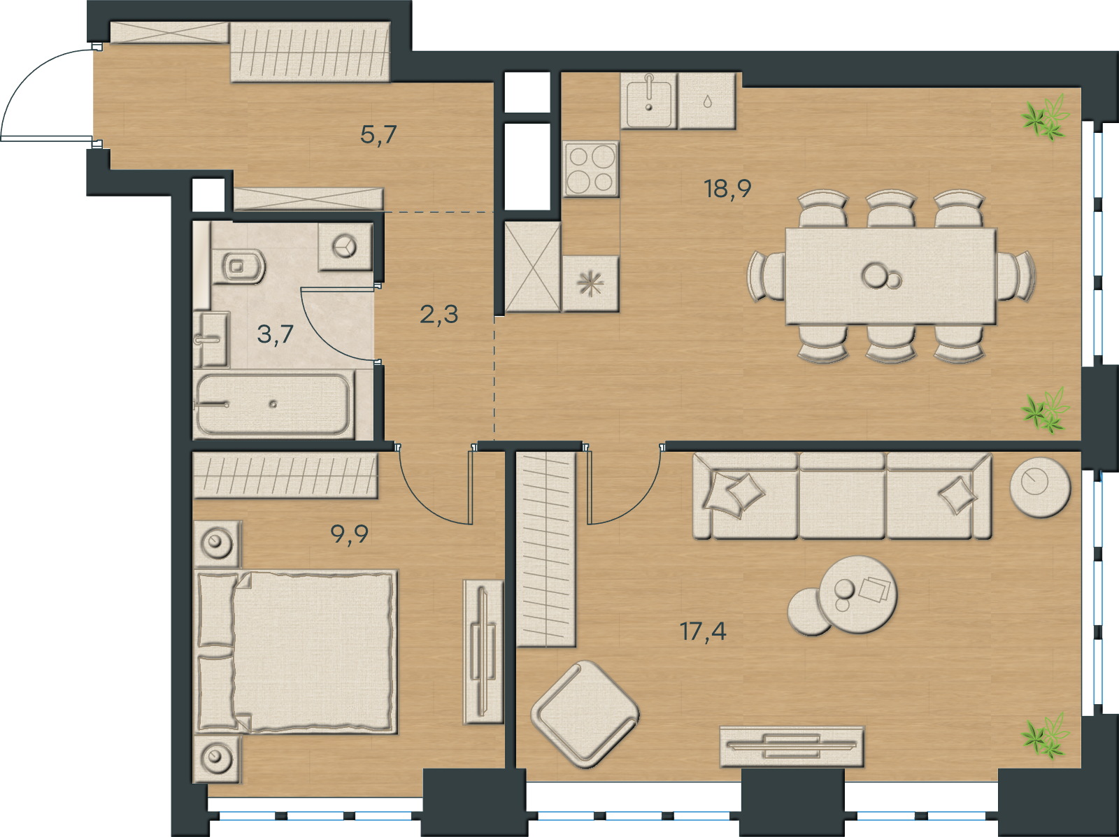 AI-иллюстрация 57,9 м². Материалы и меблировка показаны условно; официальный чертёж — в 2D.