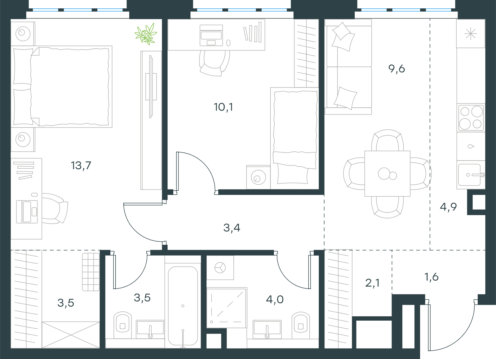 Официальная схема Левел Южнопортовая, 56,4 м²