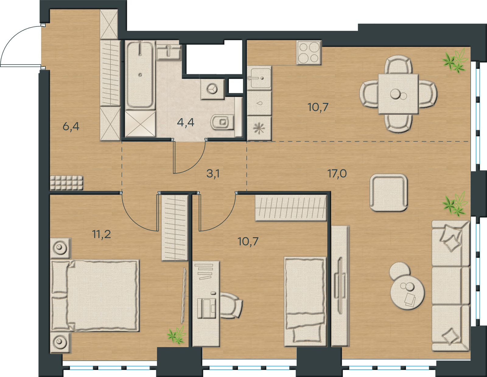 AI-иллюстрация 63,5 м². Материалы и меблировка показаны условно; официальный чертёж — в 2D.