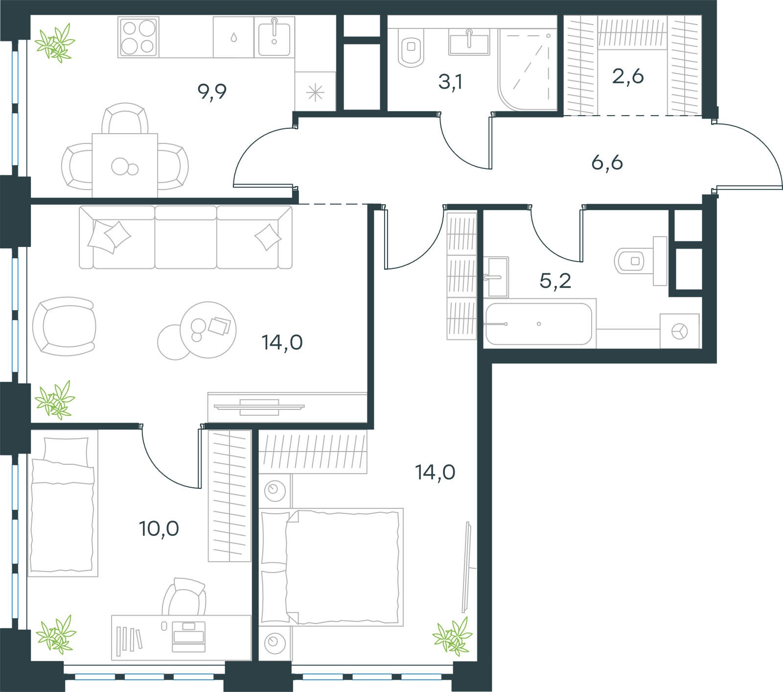 Официальная схема Левел Южнопортовая, 65,4 м²