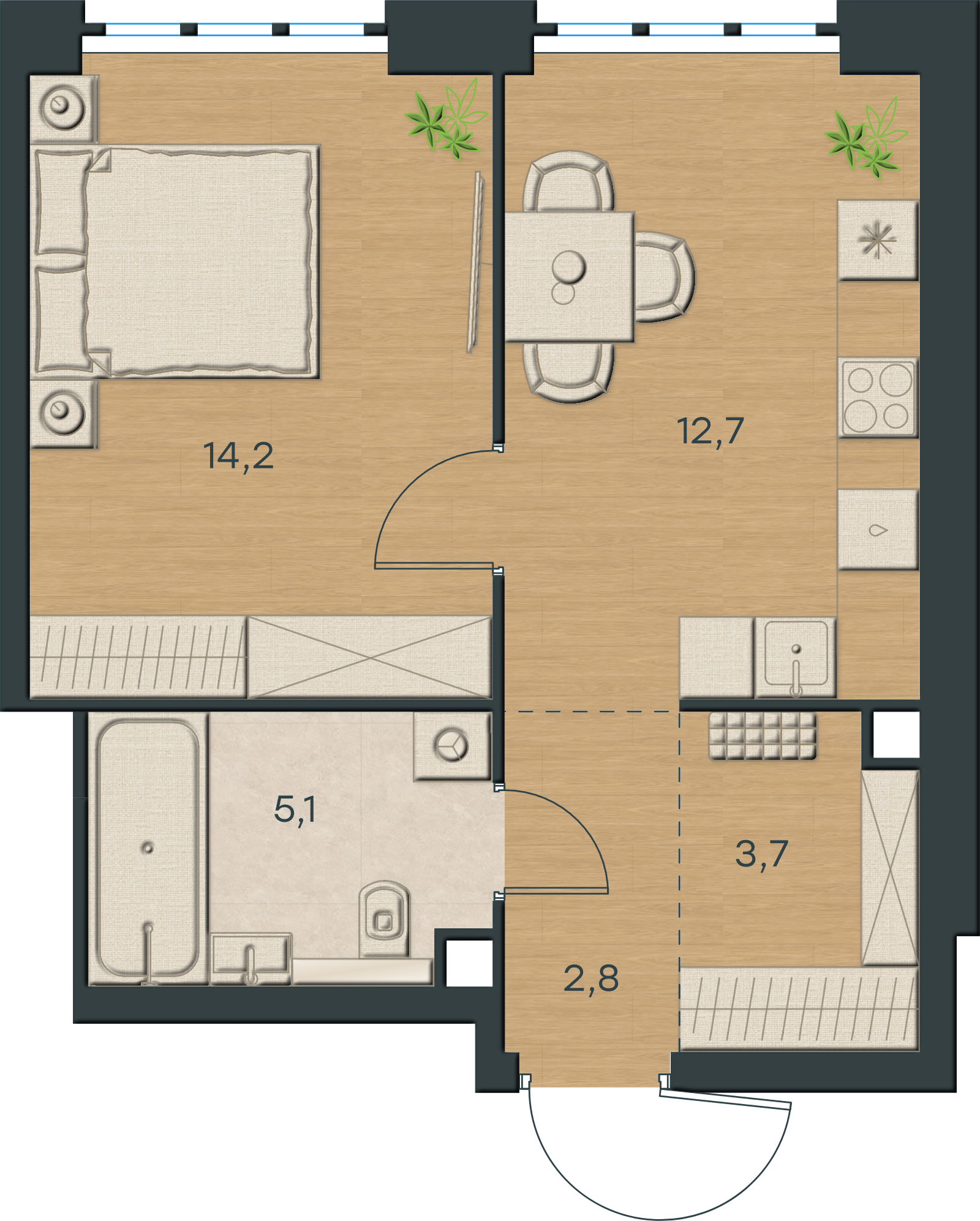 AI-иллюстрация 38,5 м². Материалы и меблировка показаны условно; официальный чертёж — в 2D.