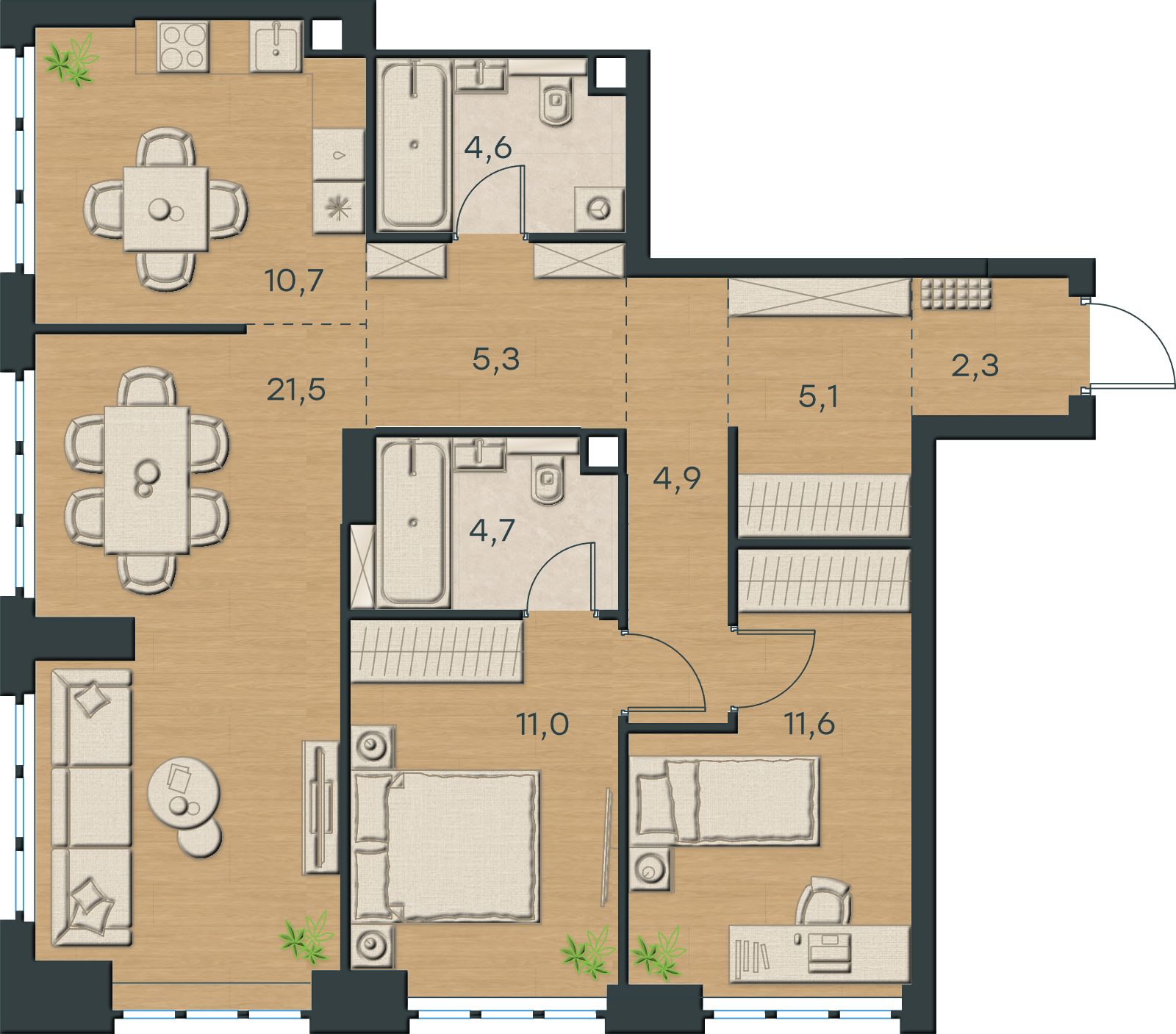 AI-иллюстрация 81,7 м². Материалы и меблировка показаны условно; официальный чертёж — в 2D.