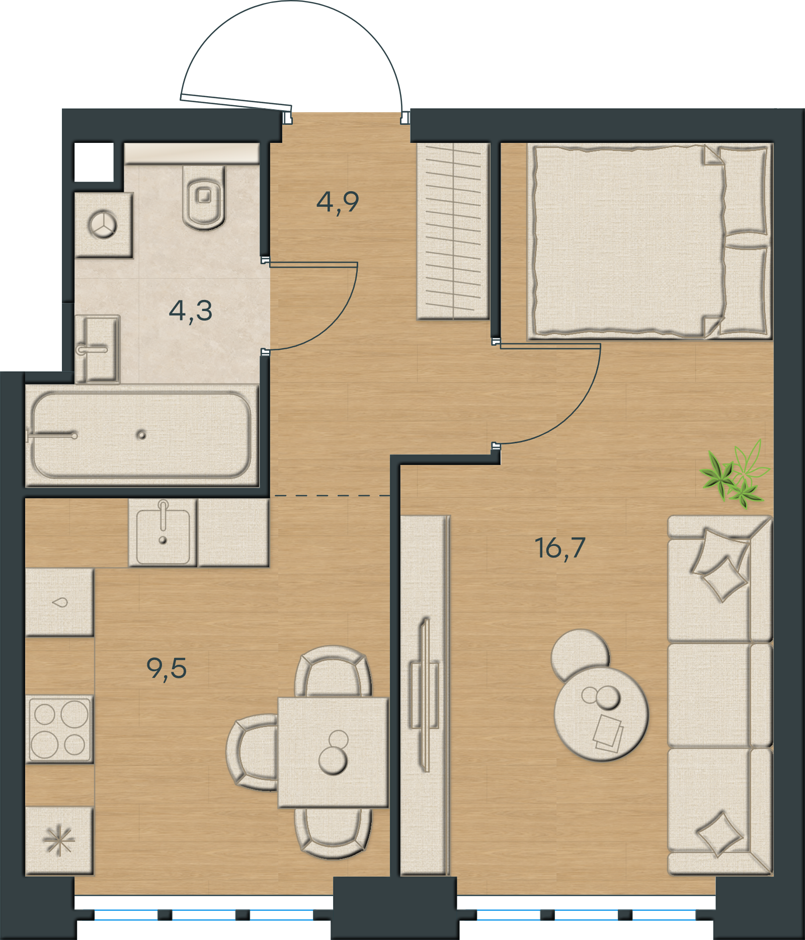 AI-иллюстрация 35,4 м². Материалы и меблировка показаны условно; официальный чертёж — в 2D.