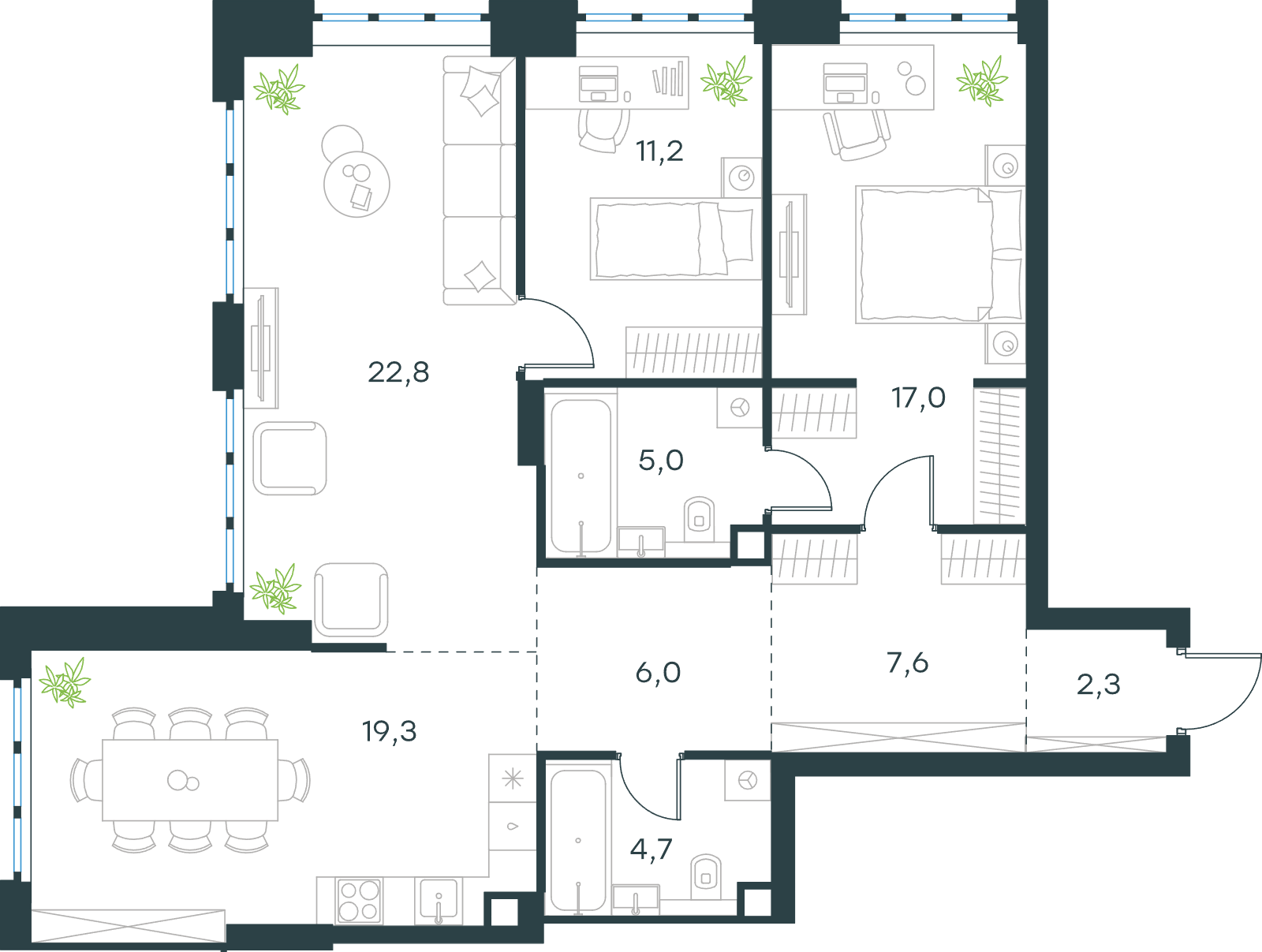 Официальная схема Левел Южнопортовая, 95,9 м²