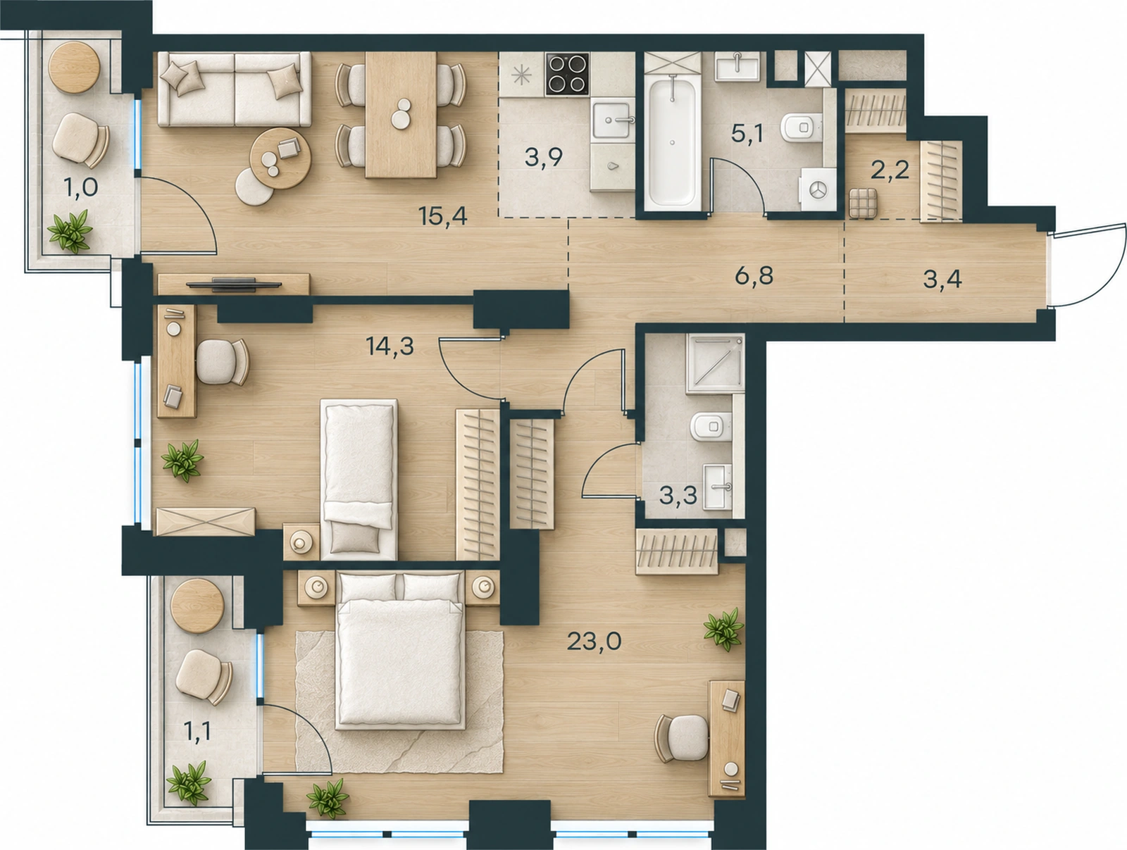 AI-иллюстрация 79,5 м². Материалы и меблировка показаны условно; официальный чертёж — в 2D.