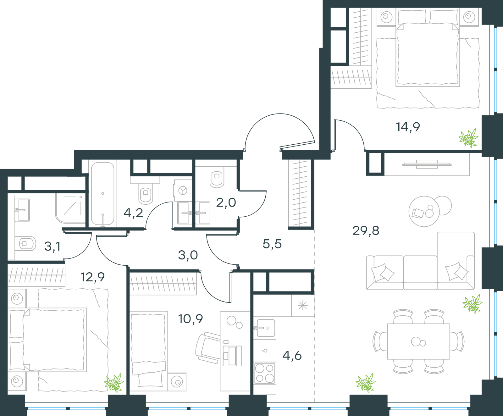 Официальная схема Левел Звенигородская, 90,9 м²