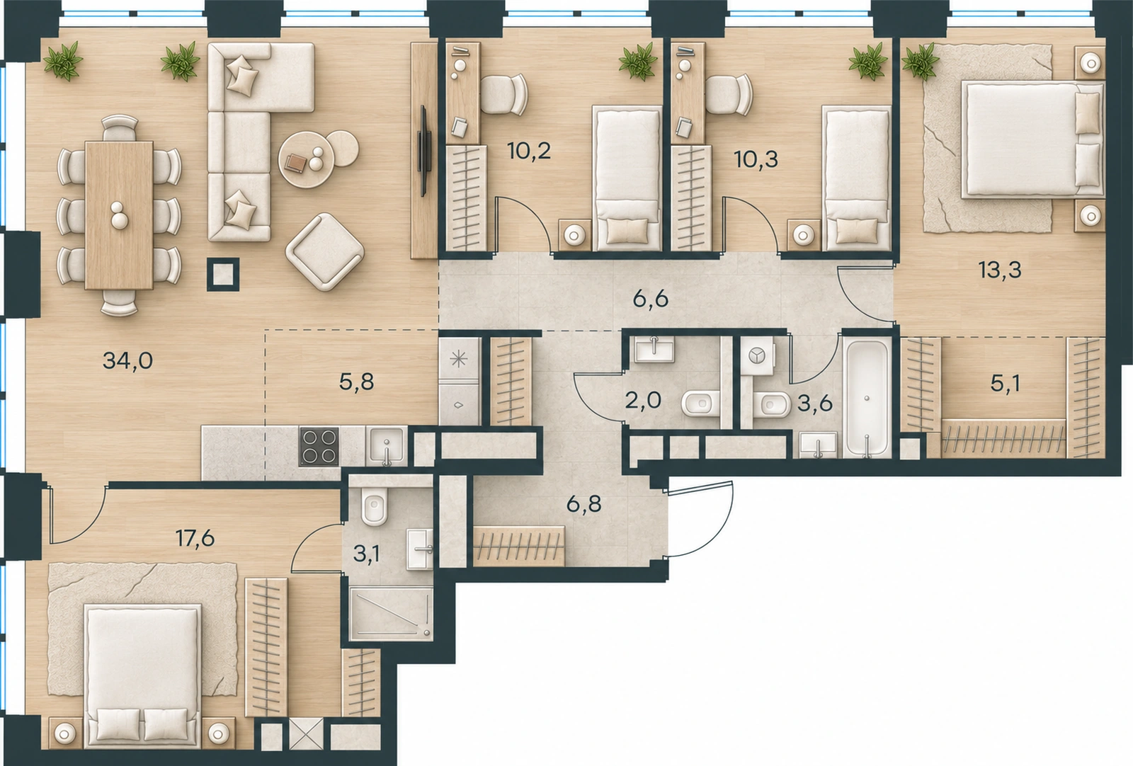 AI-иллюстрация 118,4 м². Материалы и меблировка показаны условно; официальный чертёж — в 2D.