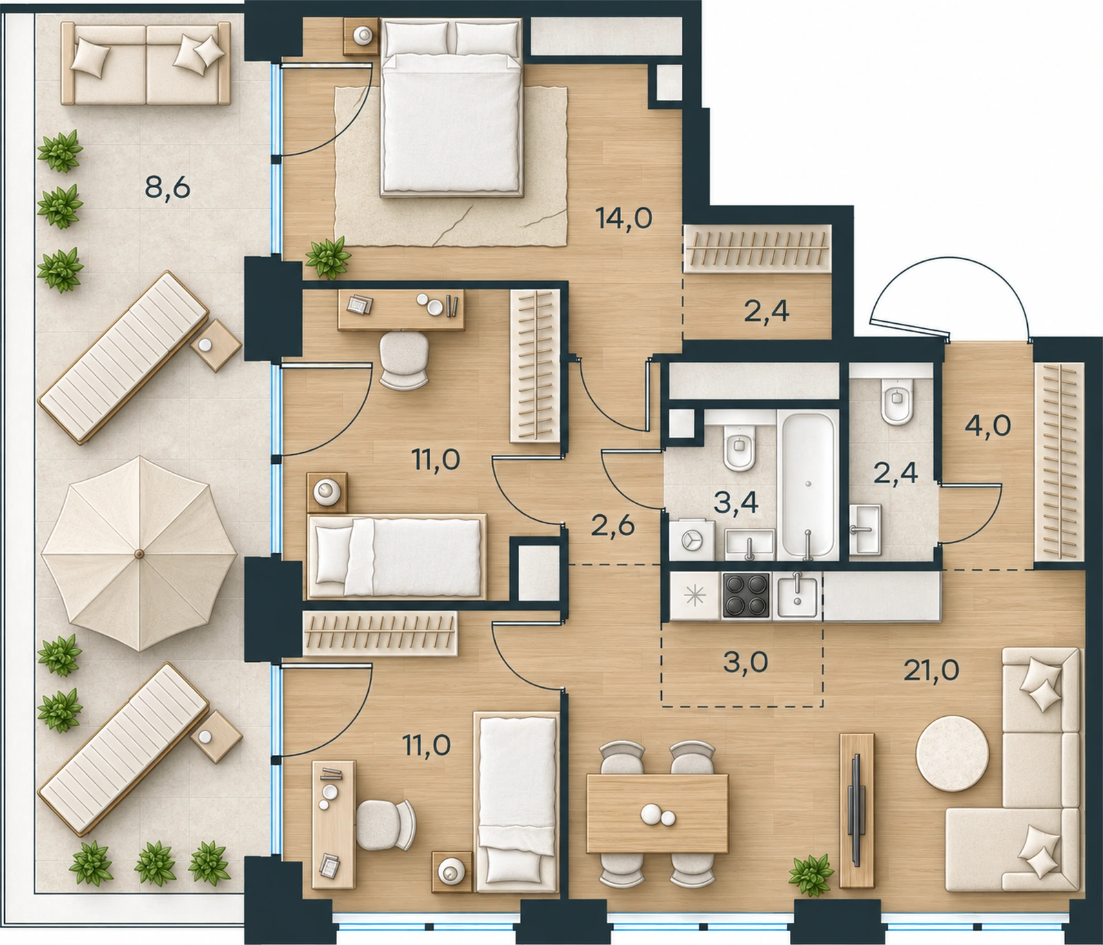 AI-иллюстрация 83,4 м². Материалы и меблировка показаны условно; официальный чертёж — в 2D.