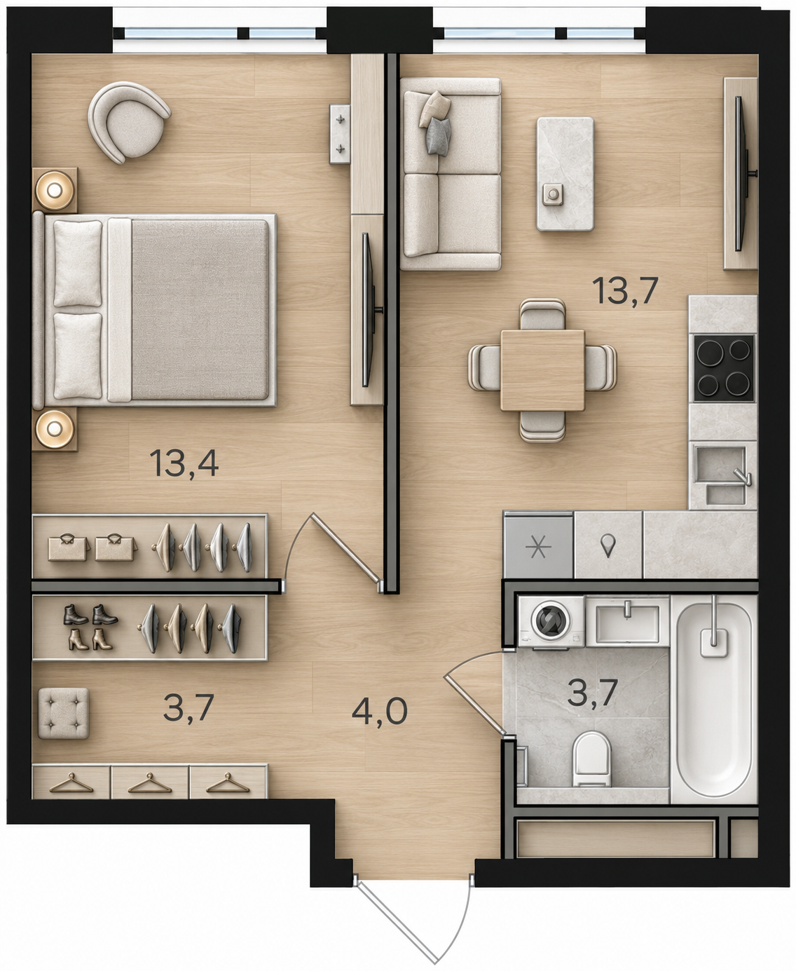 AI-иллюстрация 38,5 м². Материалы и меблировка показаны условно; официальный чертёж — в 2D.