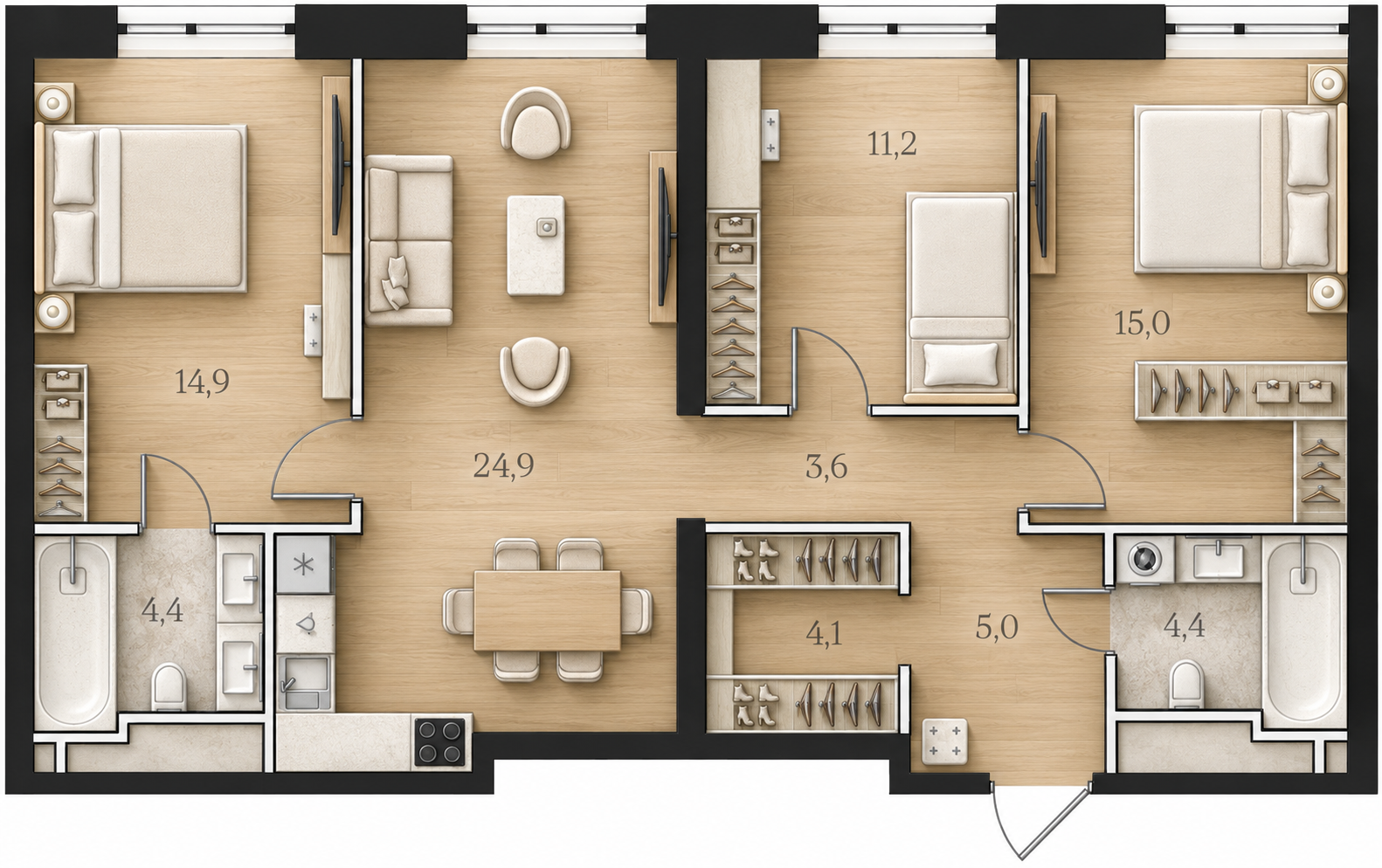 AI-иллюстрация 87,5 м². Материалы и меблировка показаны условно; официальный чертёж — в 2D.