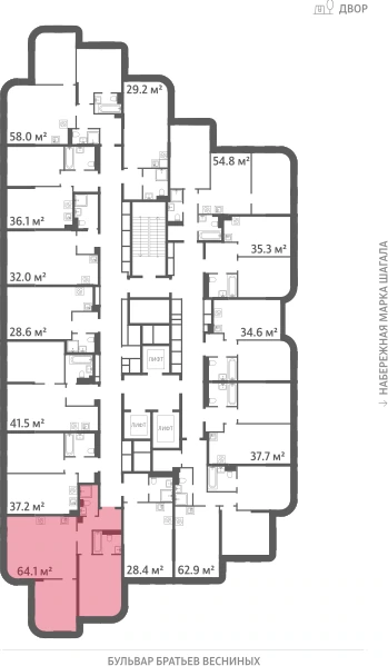 Квартира выделена на плане этажа: 2-комнатная, 64.1 м²