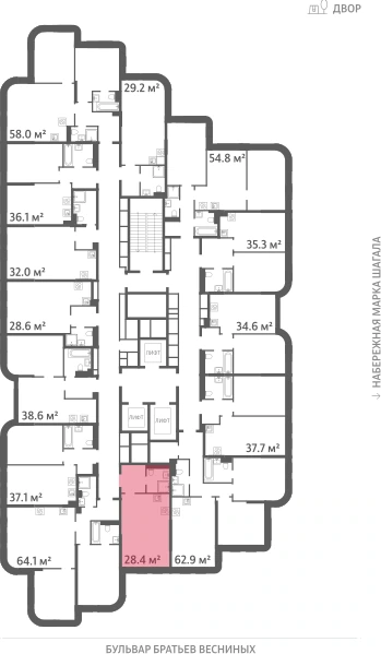 Квартира выделена на плане этажа: 1-комнатная, 28.4 м²