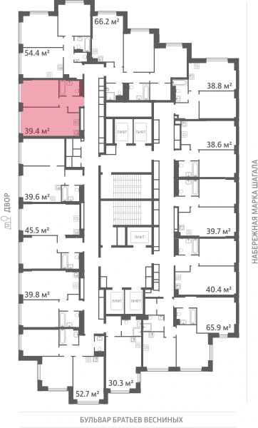 Квартира выделена на плане этажа: 1-комнатная, 39.4 м²