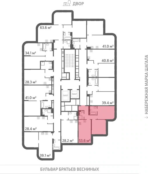 Квартира выделена на плане этажа: 2-комнатная, 53.6 м²