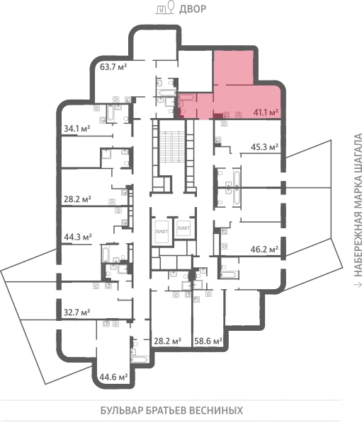 Квартира выделена на плане этажа: 1-комнатная, 41.1 м²