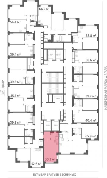Квартира выделена на плане этажа: 1-комнатная, 30.3 м²