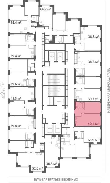 Квартира выделена на плане этажа: 1-комнатная, 40.4 м²
