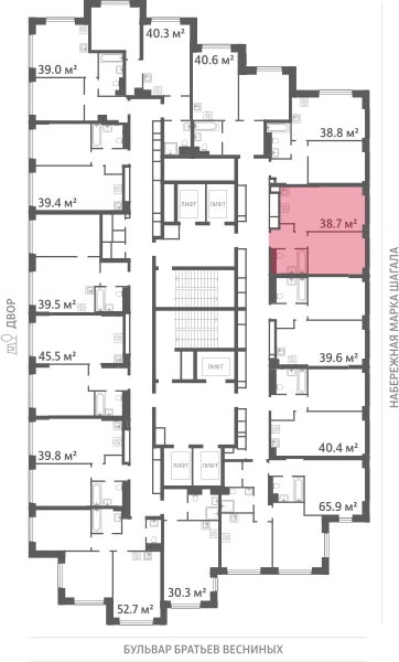 Квартира выделена на плане этажа: 1-комнатная, 38.7 м²