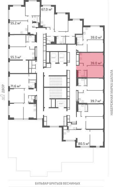 Квартира выделена на плане этажа: 1-комнатная, 39 м²
